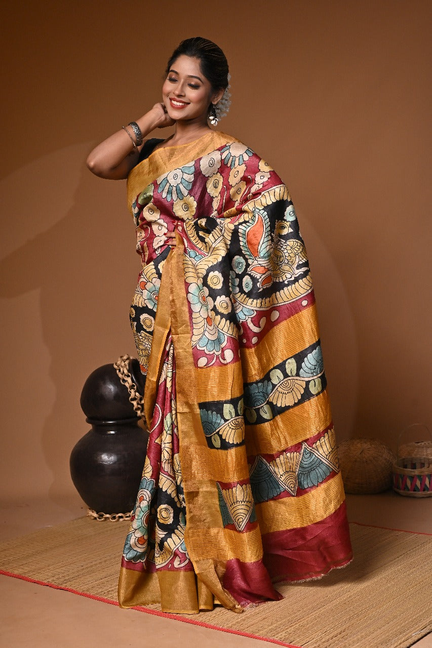 Elegant Hand Painted Kalamkari saree on Gachi Tussar