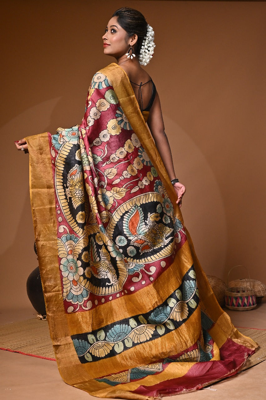 Elegant Hand Painted Kalamkari saree on Gachi Tussar