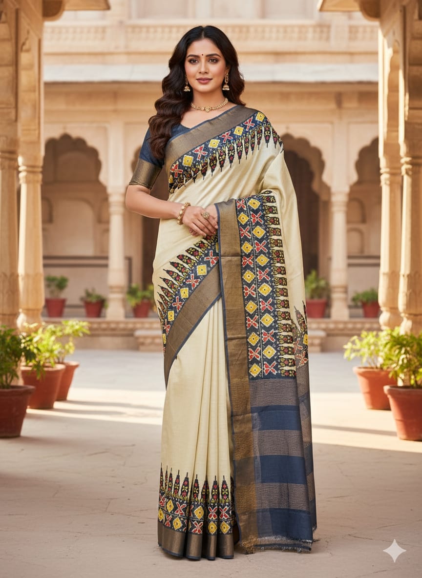 Hand Block Print Saree on Pure Gachi Tussar Silk – Beige with Multicolor Tribal Motifs & Navy Borders