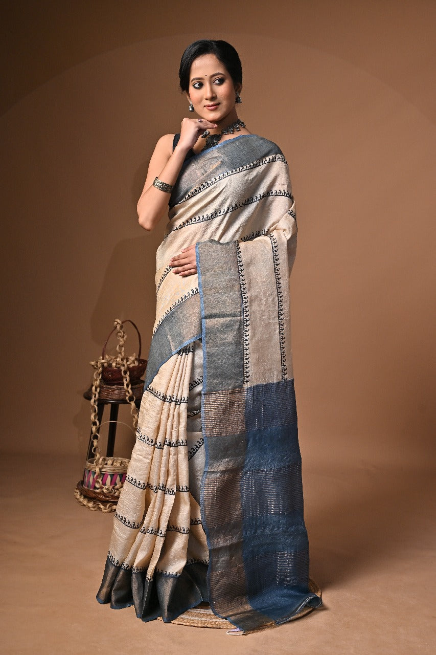 Elegant Hand Block Print Saree on Pure Gachi Tussar Silk – Beige with Blue Striped Border