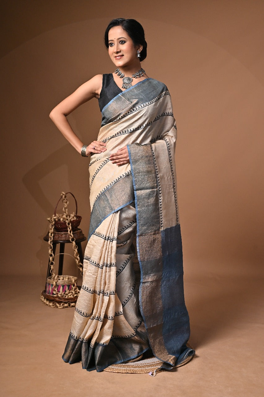 Elegant Hand Block Print Saree on Pure Gachi Tussar Silk – Beige with Blue Striped Border