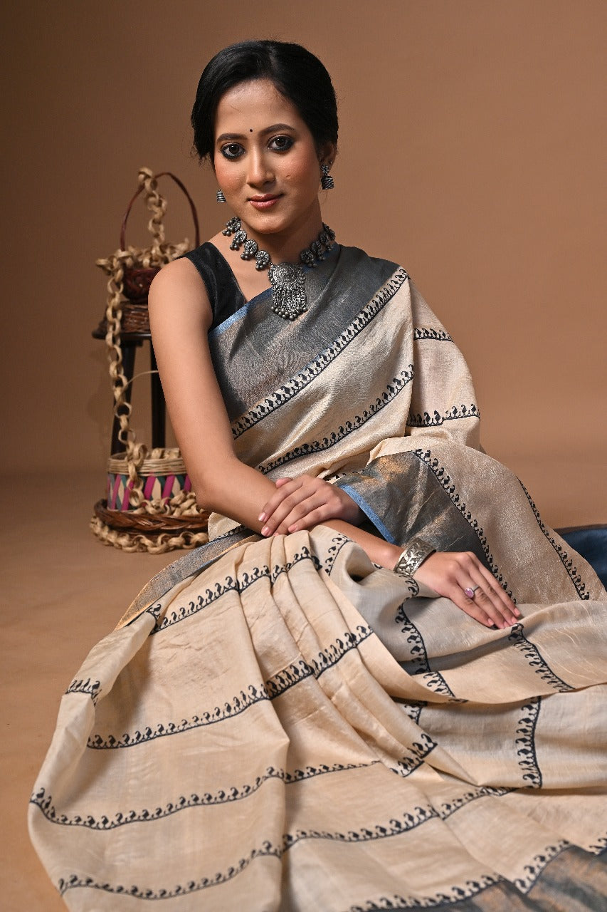 Elegant Hand Block Print Saree on Pure Gachi Tussar Silk – Beige with Blue Striped Border