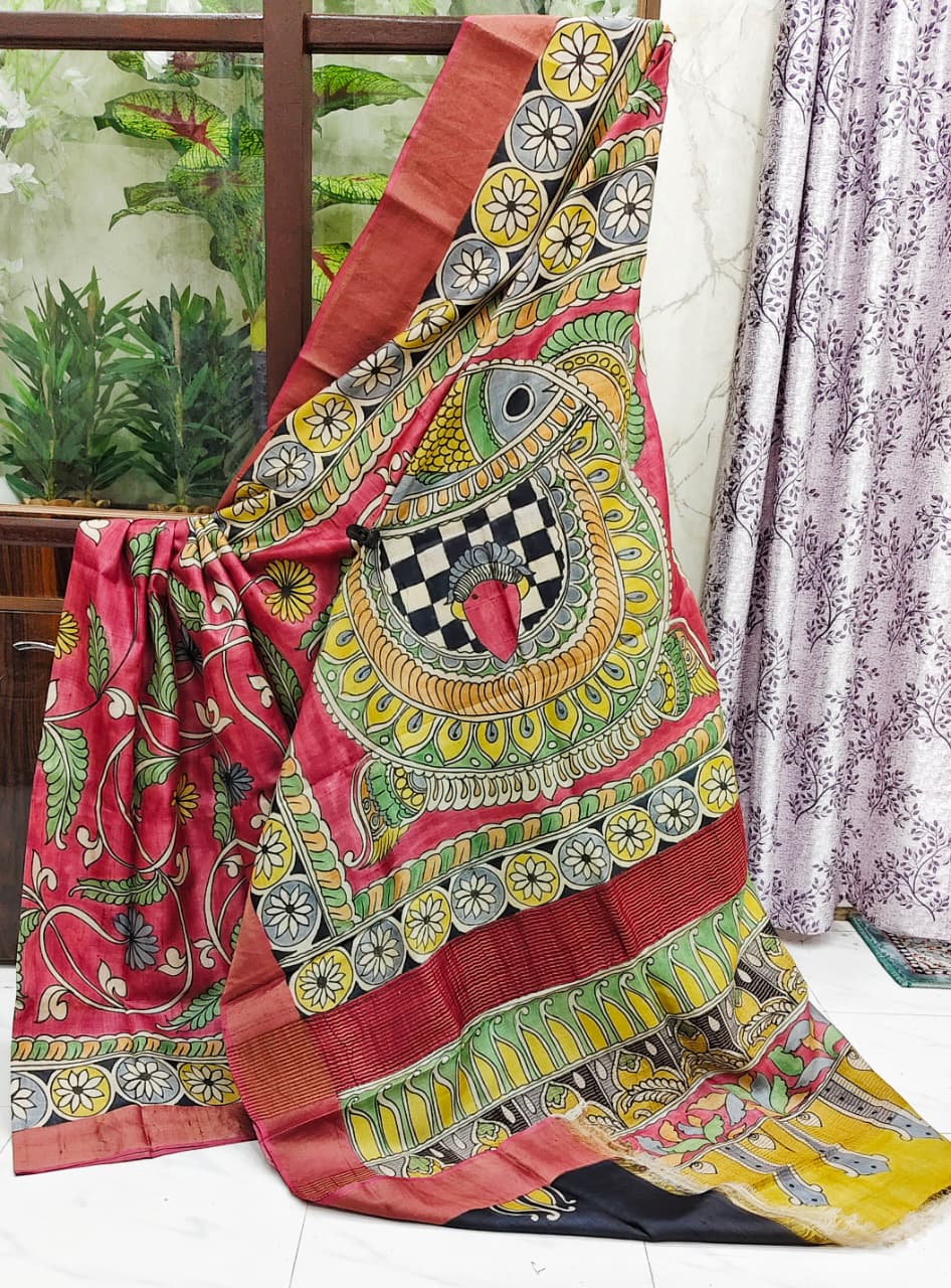 Elegant Gachi Tussar Hand-Painted Kalamkari Saree – Ruby Red & Antique Gold Heritage Edition