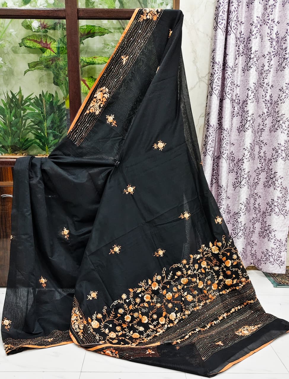 Elegant Bulian Parshi Hand-Stitched Saree on Chanderi Fabric – Black & Multicolor Heritage Weave