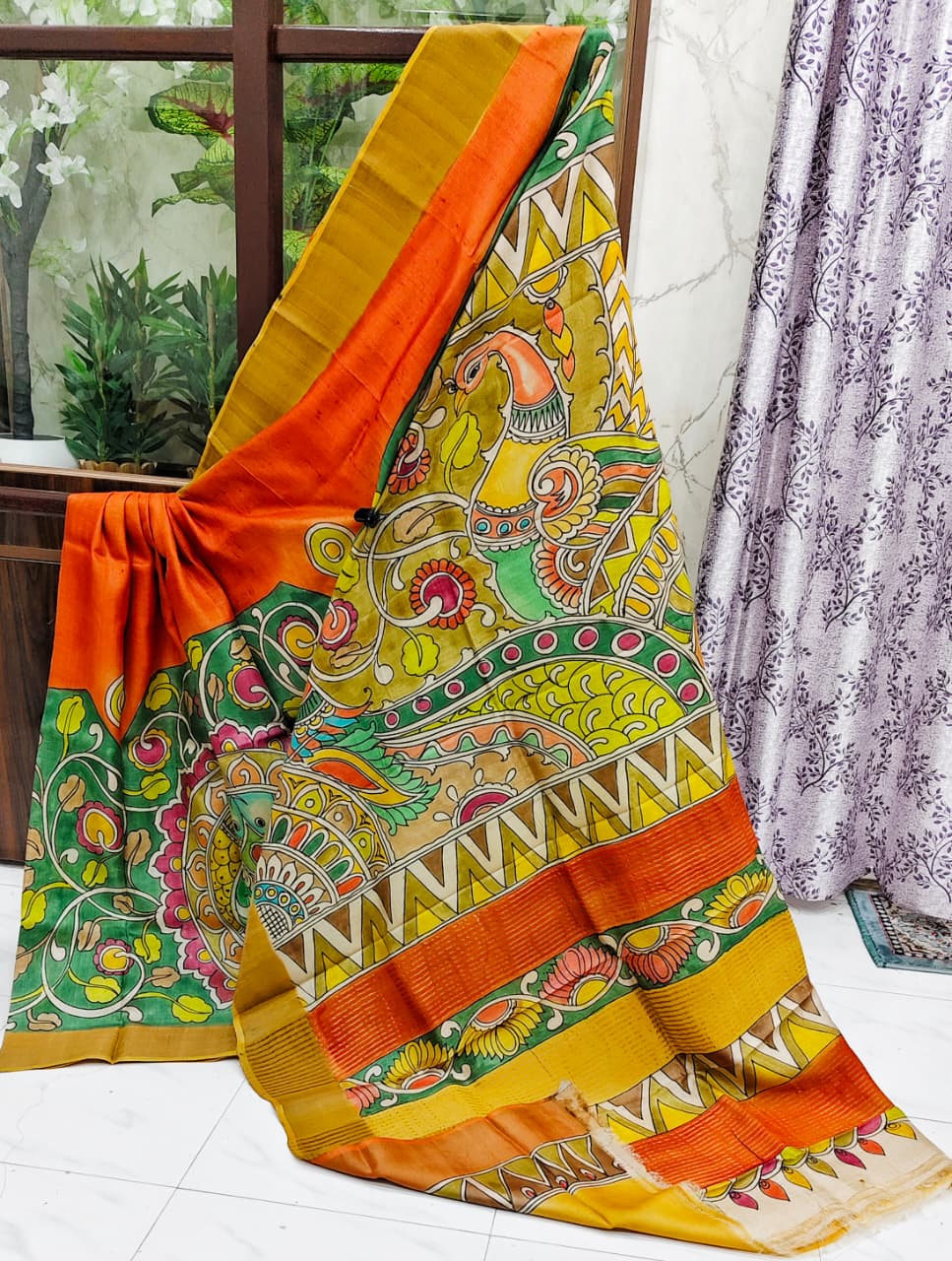 Elegant Gachi Tussar Hand-Painted Kalamkari Saree – Olive & Terracotta Heritage Weave