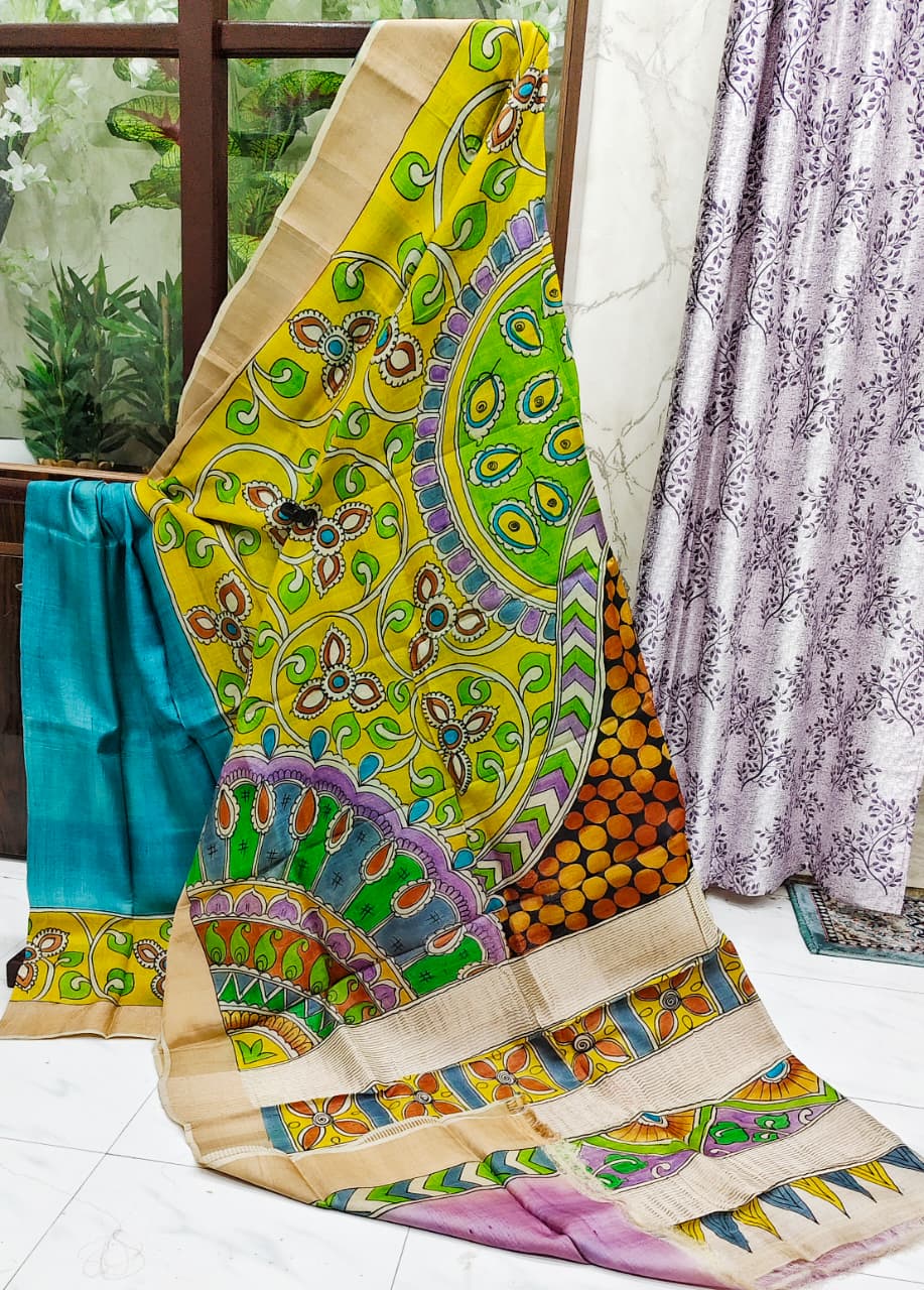 Elegant Gachi Tussar Hand-Painted Kalamkari Saree – Teal & Mustard Peacock Heritage Edition