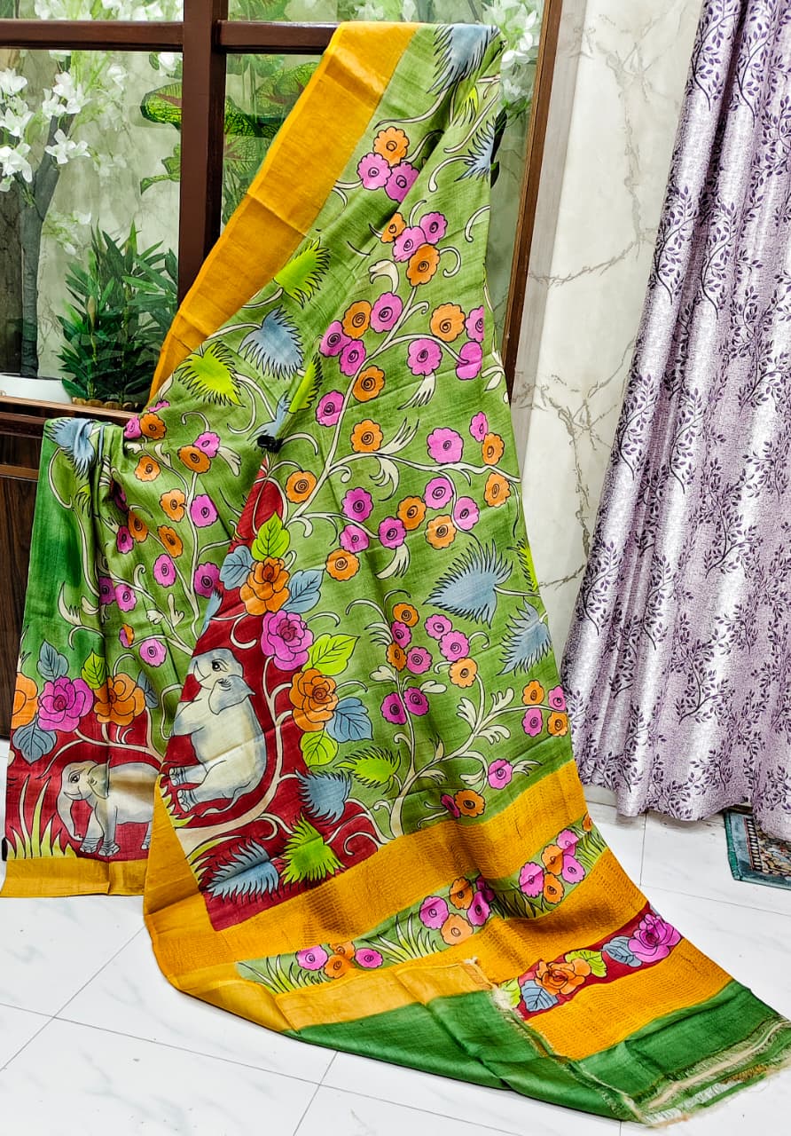 Elegant Gachi Tussar Hand-Painted Kalamkari Saree – Meadow Green & Mustard Lotus Heritage Edition