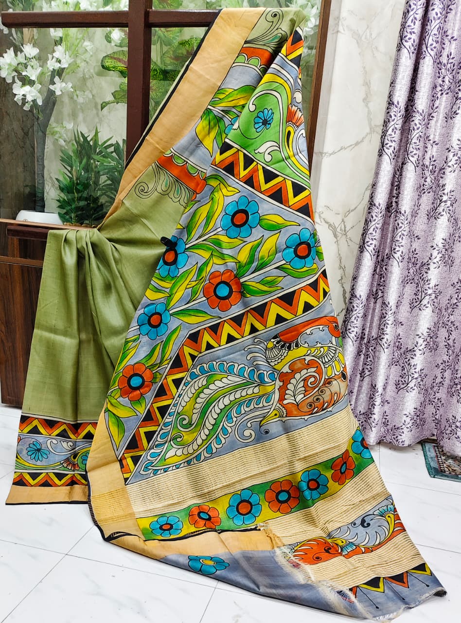 Elegant Gachi Tussar Hand-Painted Kalamkari Saree – Sage Green & Mustard Peacock Blossom Edition