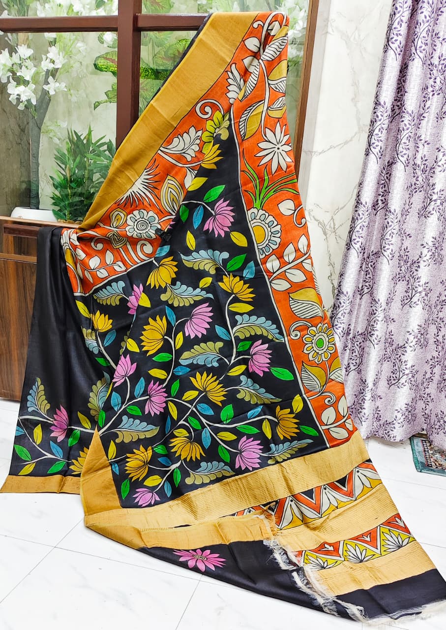 Gachi Tussar Hand-Painted Kalamkari Saree – Black & Mustard Heritage Edition