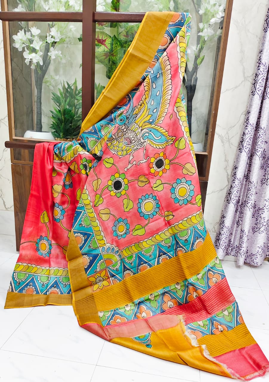 Gachi Tussar Hand-Painted Kalamkari Saree – Pink Peacock Heritage Edition