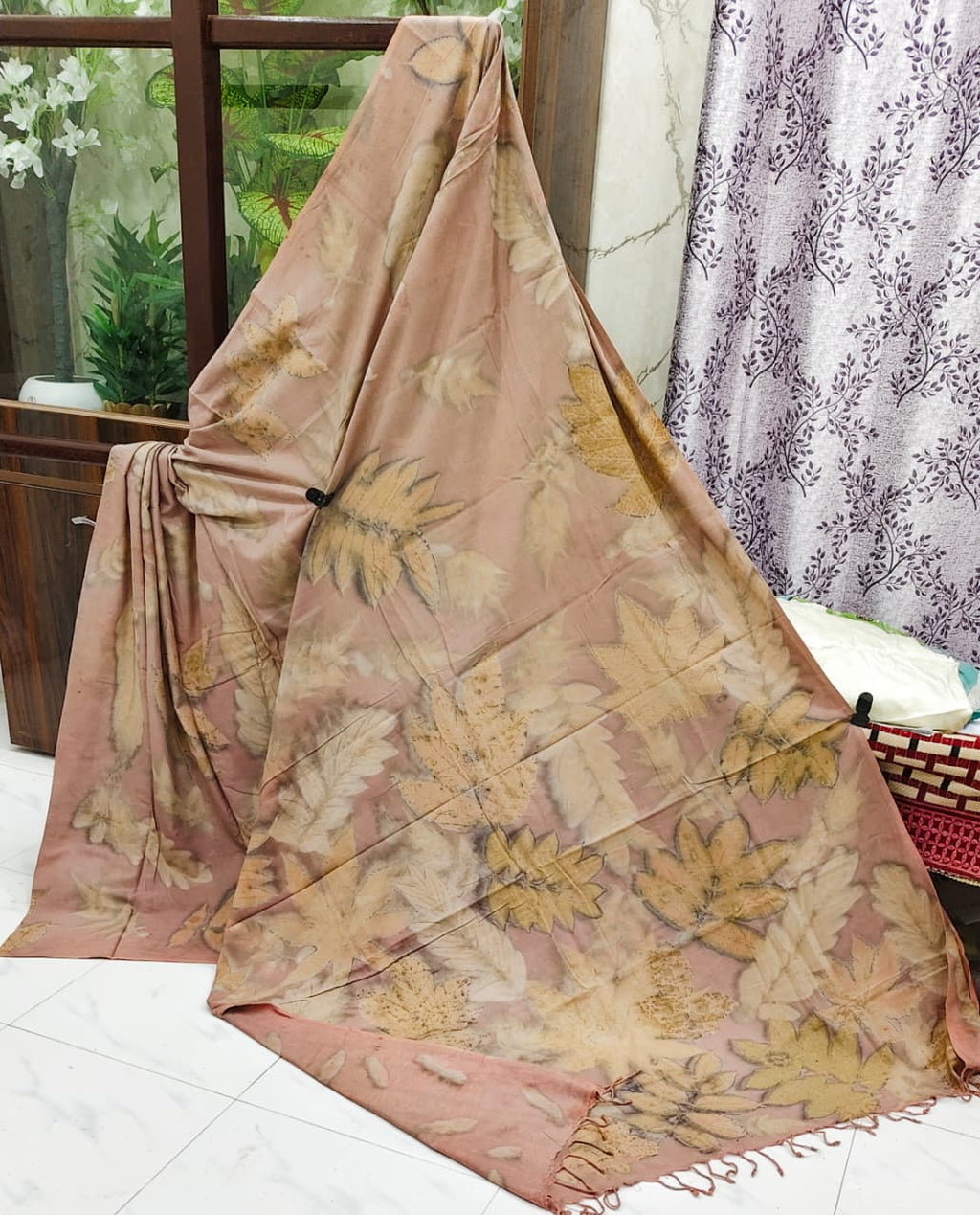 Blush Leaf Harmony – Handloom Organic Cotton Eco Print Saree with Blouse