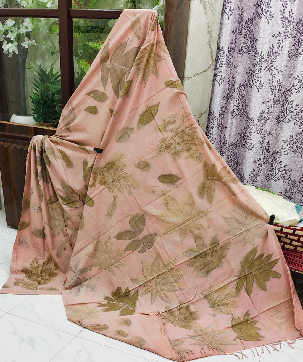 Blush Forest Poem – Handloom Organic Cotton Eco Print Saree with Blouse