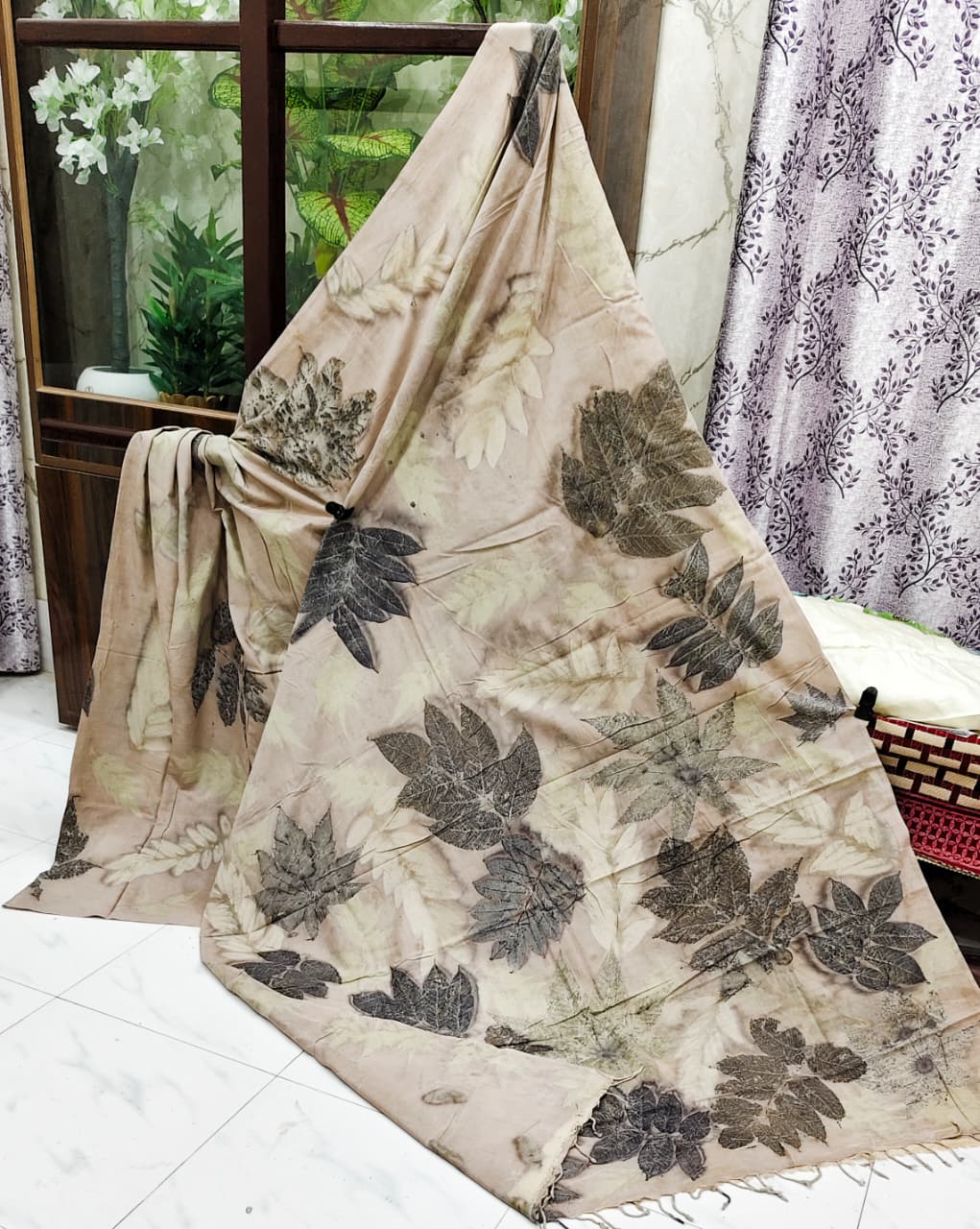 Earth Whisper – Handloom Organic Cotton Eco Print Saree with Blouse