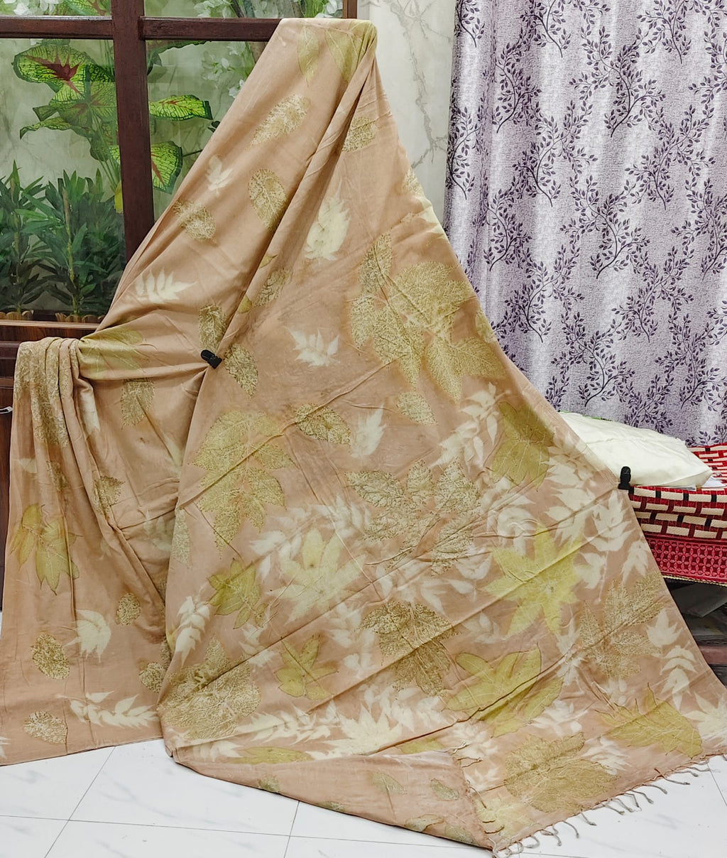 Golden Leaf Serenity – Handloom Organic Cotton Eco Print Saree with Blouse
