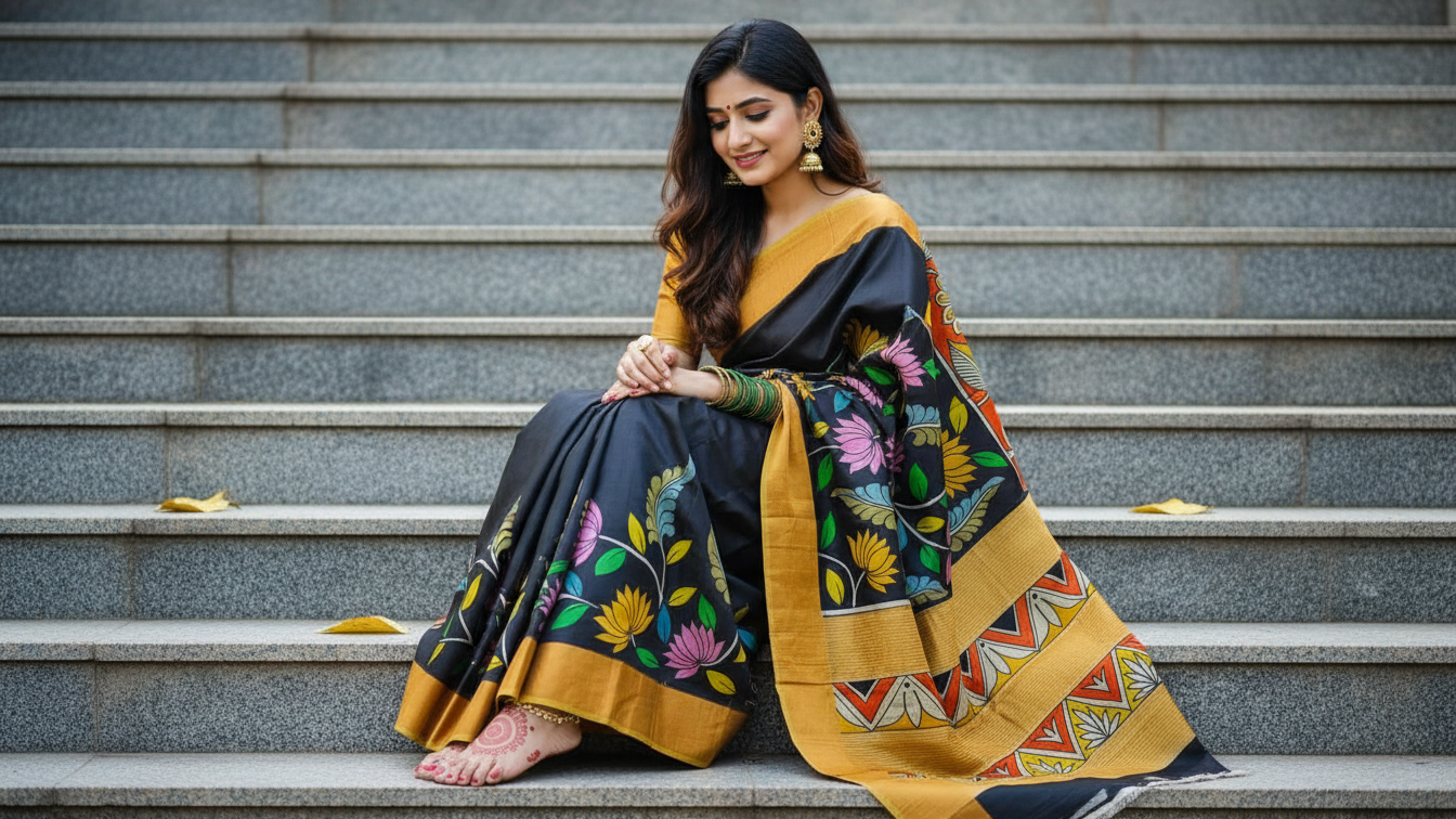 Gachi Tussar Hand-Painted Kalamkari Saree – Black & Mustard Heritage Edition