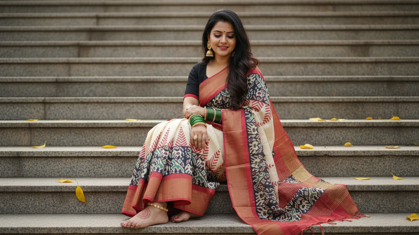 Elegant Hand-Block Printed Gachi Tussar Saree – Ivory & Maroon Traditional Heritage Edition