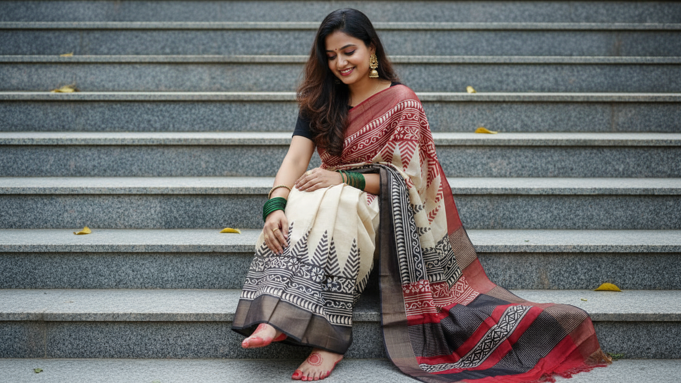 Elegant Hand-Block Printed Gachi Tussar Saree