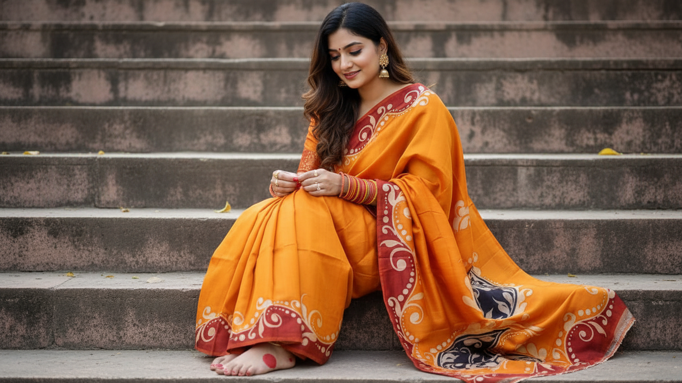 Golden Radiance — Hand-Painted Pure Silk Saree with Paisley Motifs