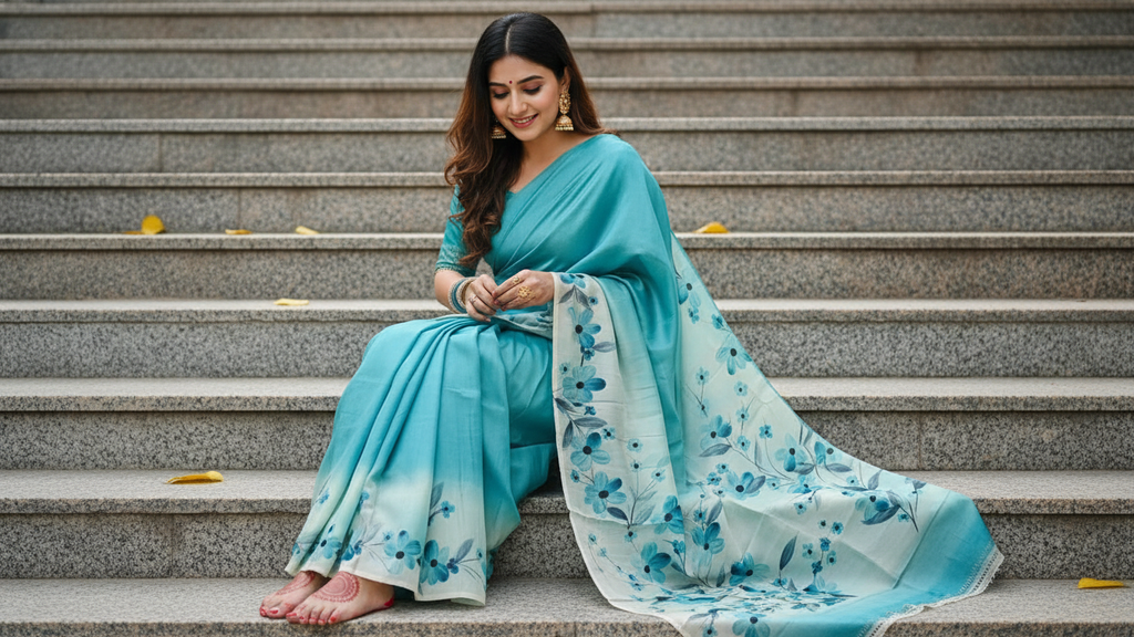 Elegant Hand-Painted Pure Silk Saree – Sky Blue Ombre Base with Blue Floral Design