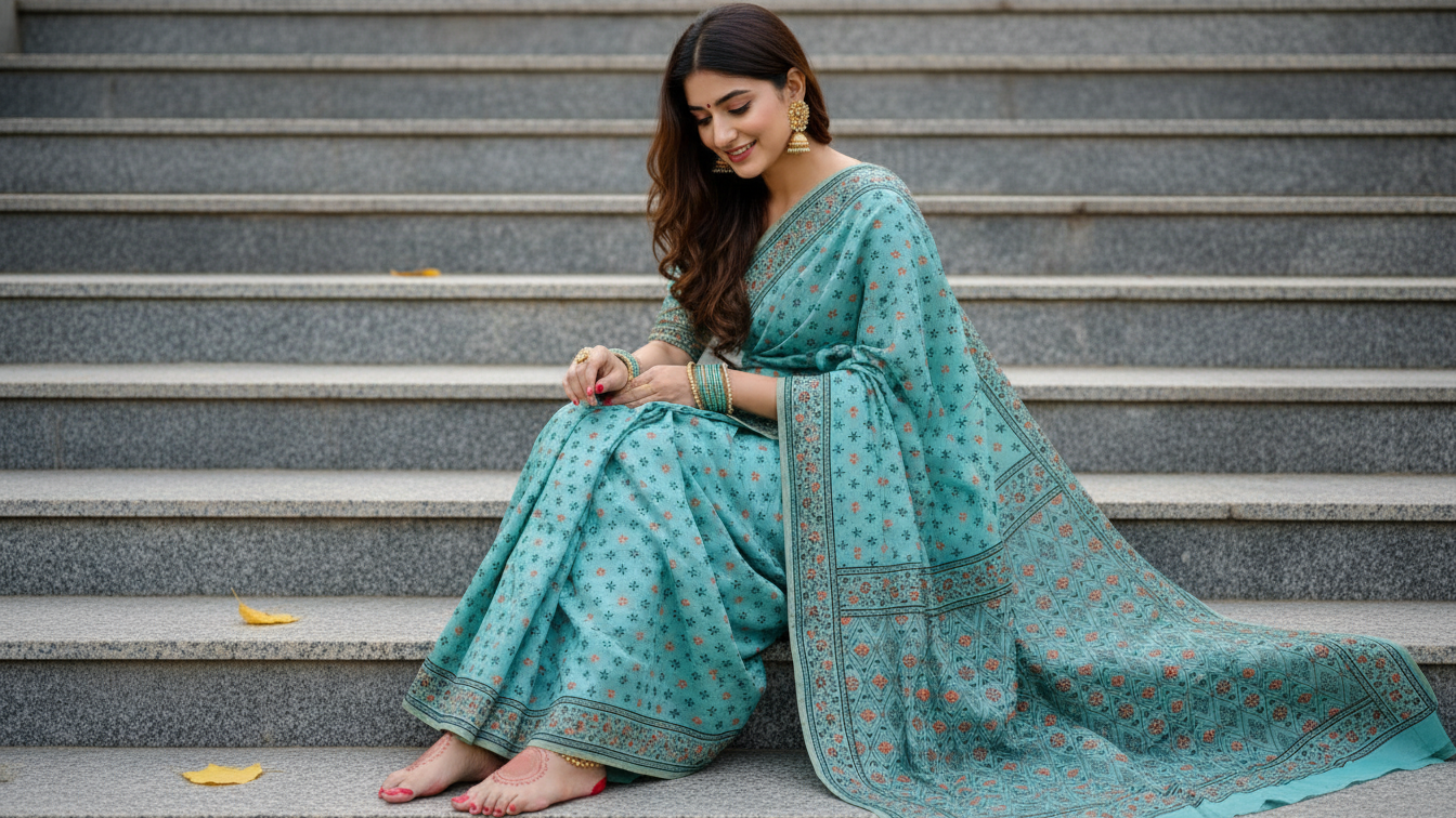 Elegant Hand-Block Printed & Hand-Stitched Chanderi Saree – Aqua Teal Floral Heritage Edition
