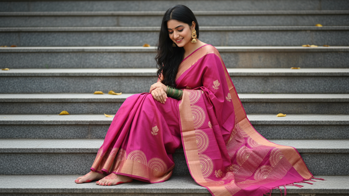 Handcrafted Gachi Tussar Hand-Block Saree – Royal Rani Pink with Traditional Motifs