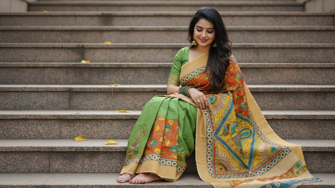 Elegant Gachi Tussar Hand-Painted Kalamkari Saree – Leaf Green & Terracotta Classic Edition