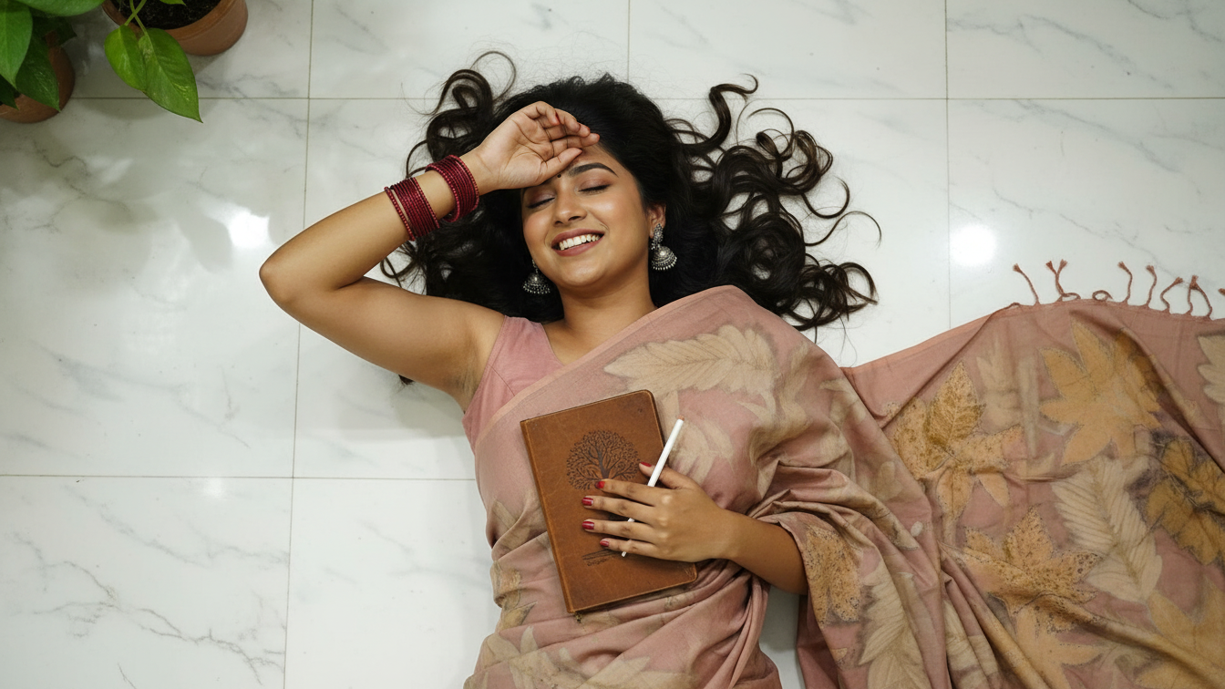 Blush Leaf Harmony – Handloom Organic Cotton Eco Print Saree with Blouse