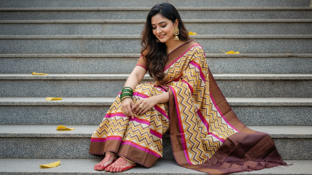 Elegant Gachi Tussar Silk Hand Block Print Saree with Magenta and Mustard Accents