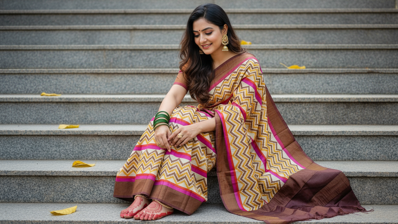 Elegant Gachi Tussar Silk Hand Block Print Saree with Magenta and Mustard Accents