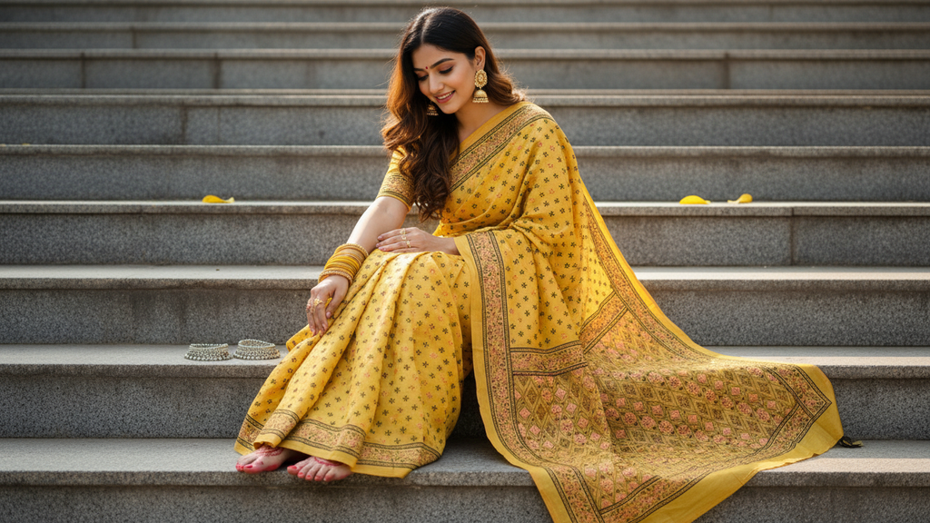 Elegant Hand-Block Printed & Hand-Stitched Chanderi Saree – Mustard Marigold Traditional Edition