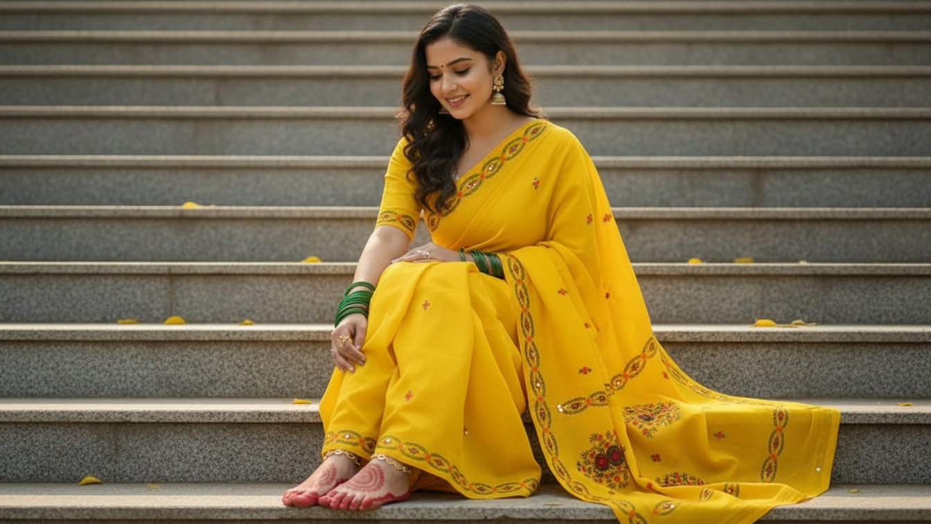Charming Yellow Chanderi Hand-Embroidered Parsi Stitch Saree – A Timeless Masterpiece