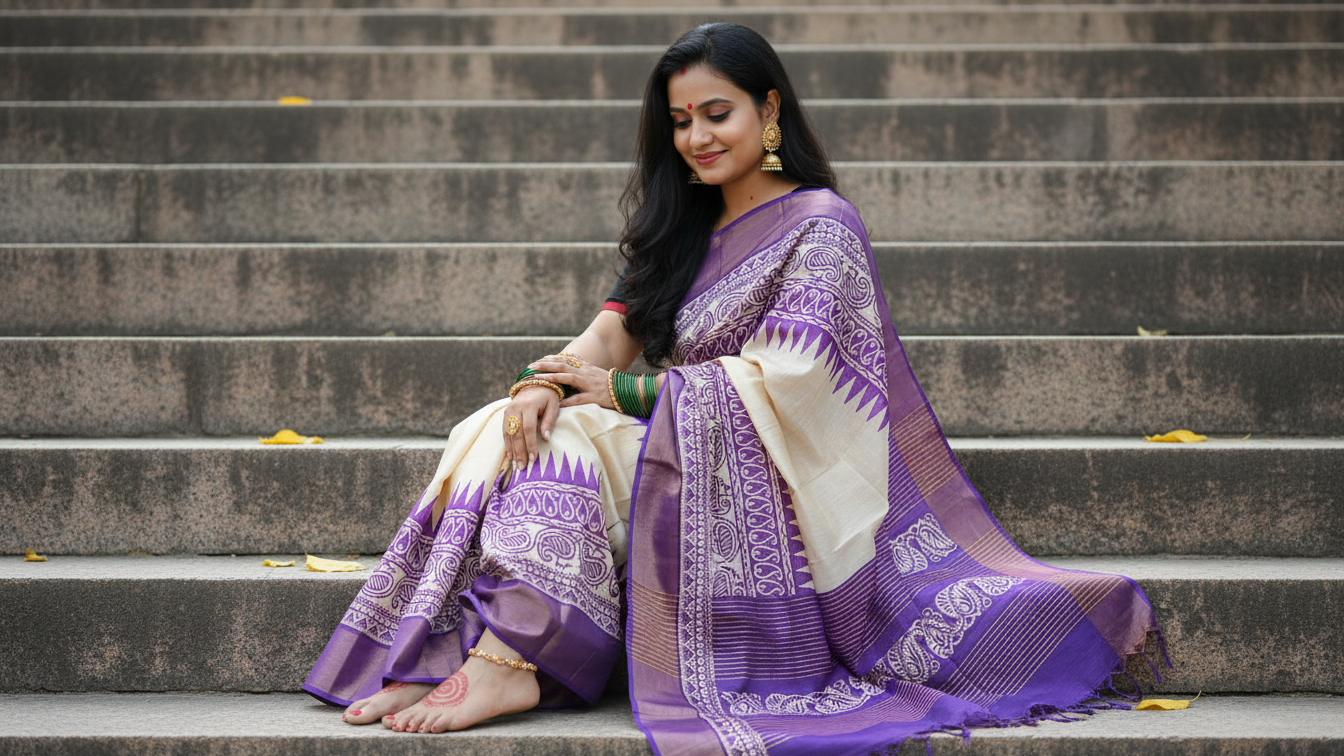 Elegant Hand-Block Printed Gachi Tussar Saree – Ivory & Royal Purple Heritage Edition