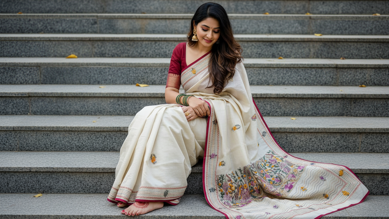 Elegant Bulian Parshi Hand-Stitched Chanderi Saree – Ivory & Wine Floral Heritage Edition