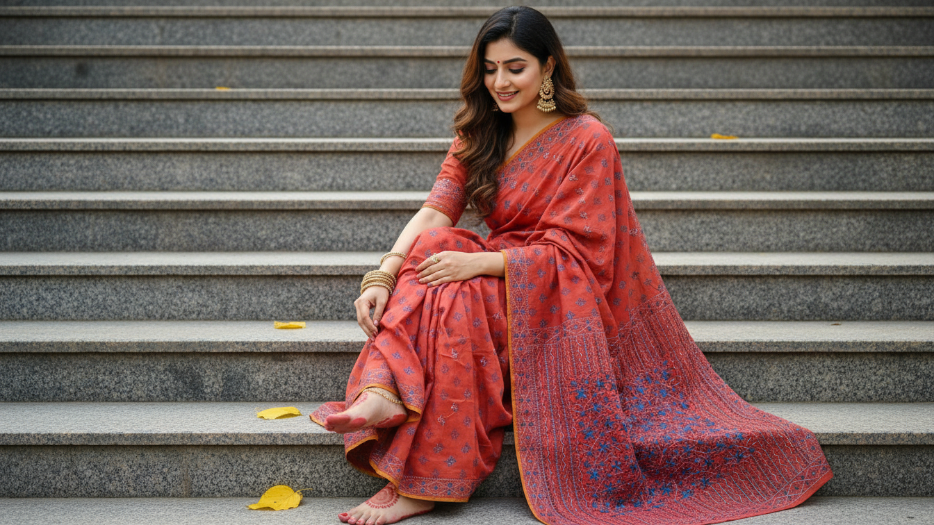 Elegant Hand-Block Printed & Hand-Stitched Chanderi Saree – Terracotta Bloom Heritage Edition