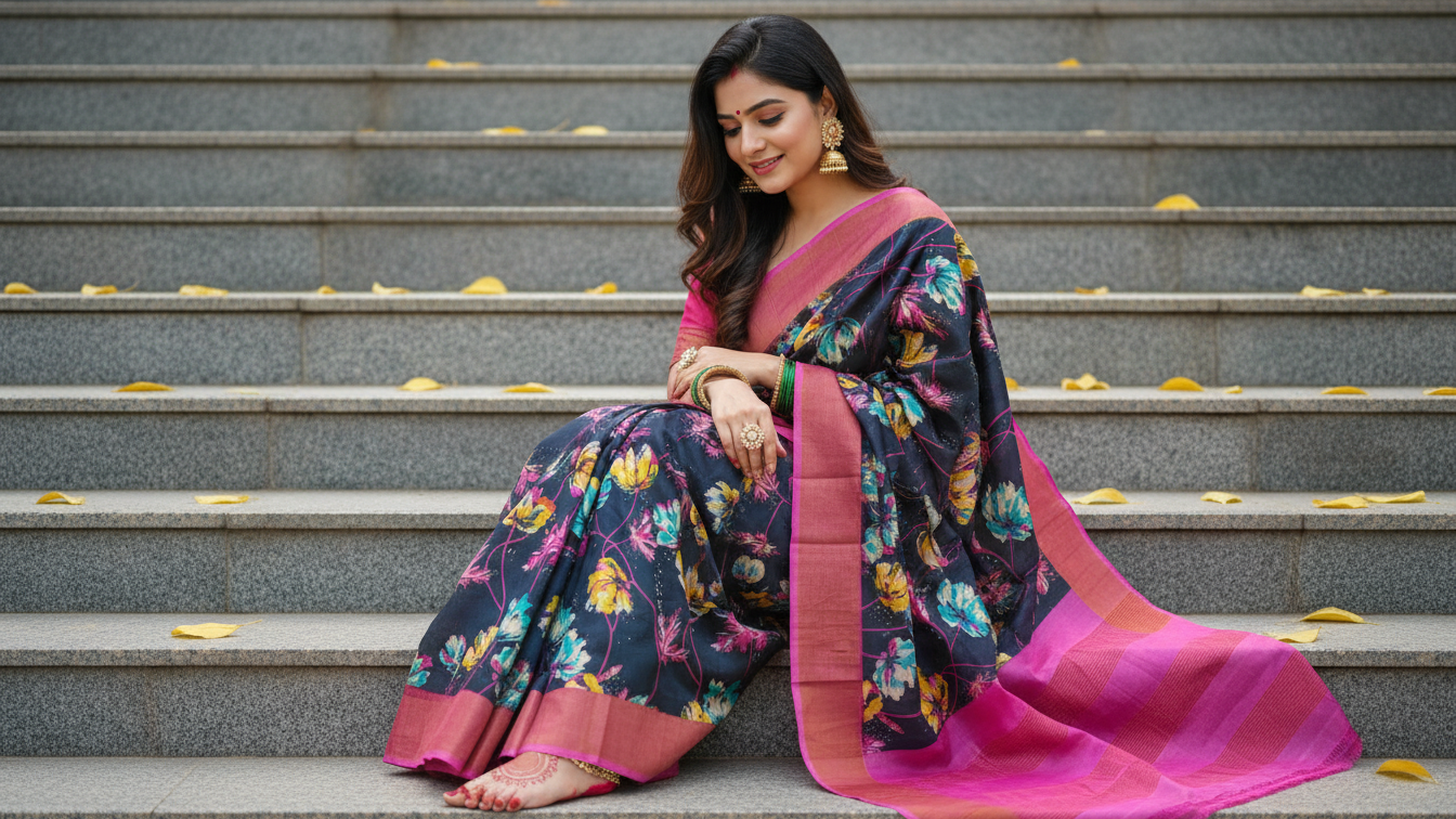 Elegant Hand-Block Printed Gachi Tussar Saree – Midnight Black & Magenta Floral Aura Edition