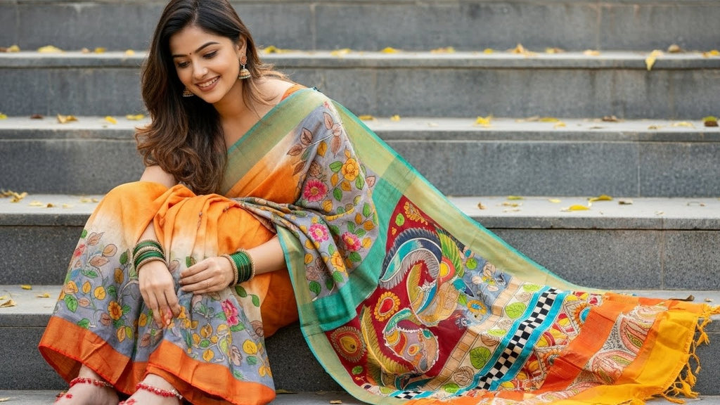 Elegant Gachi Tussar Hand-Painted Kalamkari Saree – Sunset Orange & Aqua Multi-Tone Edition