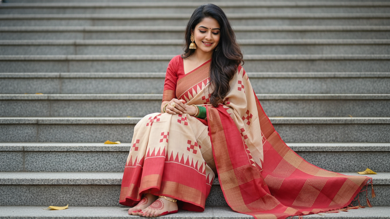 Handcrafted Gachi Tussar Hand-Block Saree – Classic Ivory & Deep Red Geometry