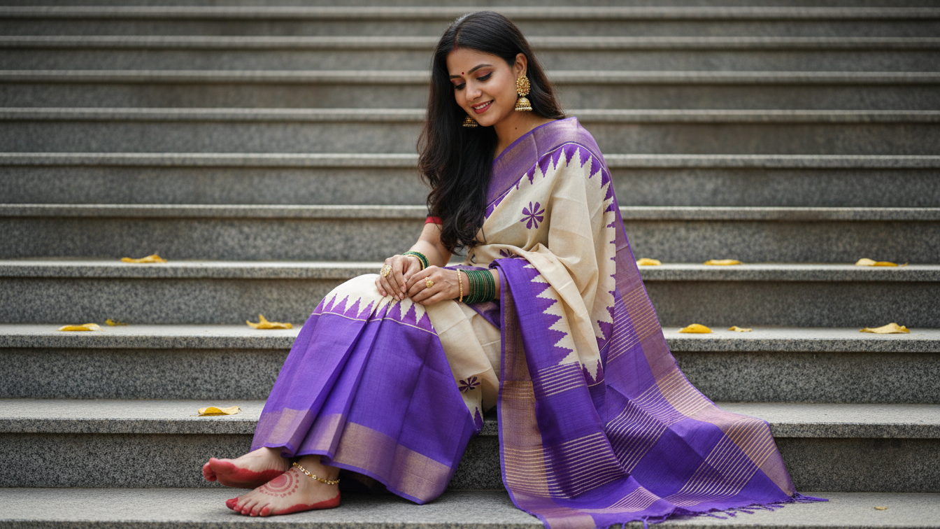 Handcrafted Gachi Tussar Hand-Block Saree – Royal Purple & Ivory Minimal Elegance