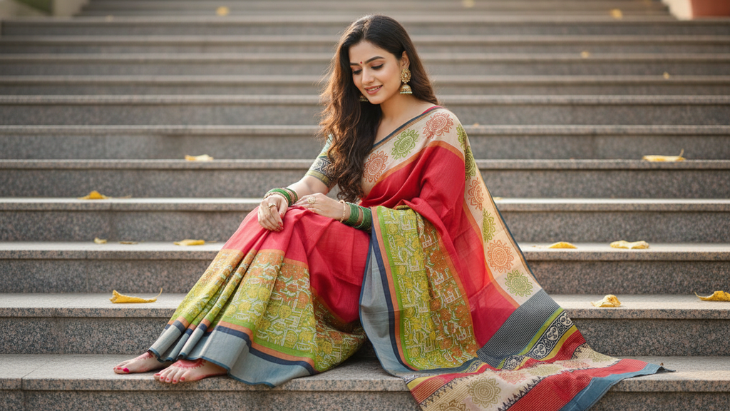Radiant Gachi Zari Tussar Silk Saree with Hand Block Print – Crimson Red & Lime Green