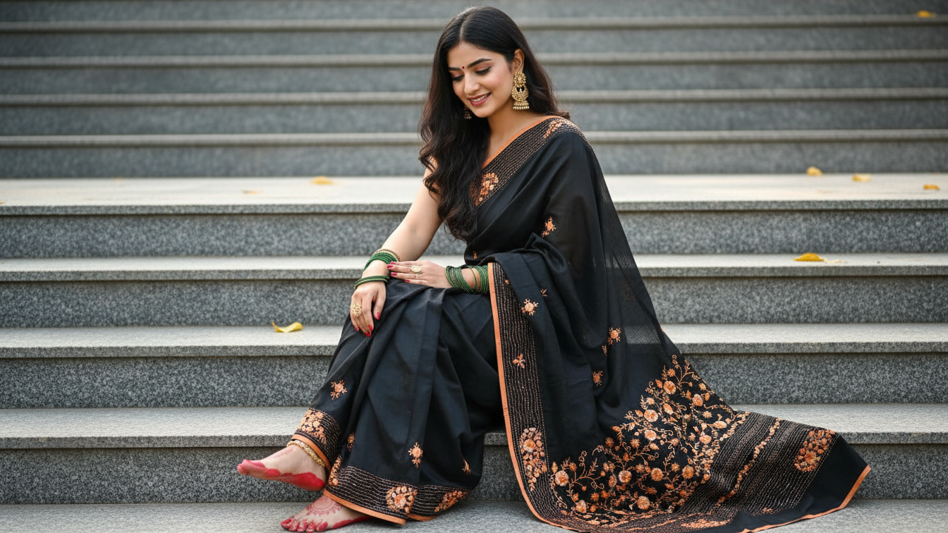 Elegant Bulian Parshi Hand-Stitched Saree on Chanderi Fabric – Black & Multicolor Heritage Weave