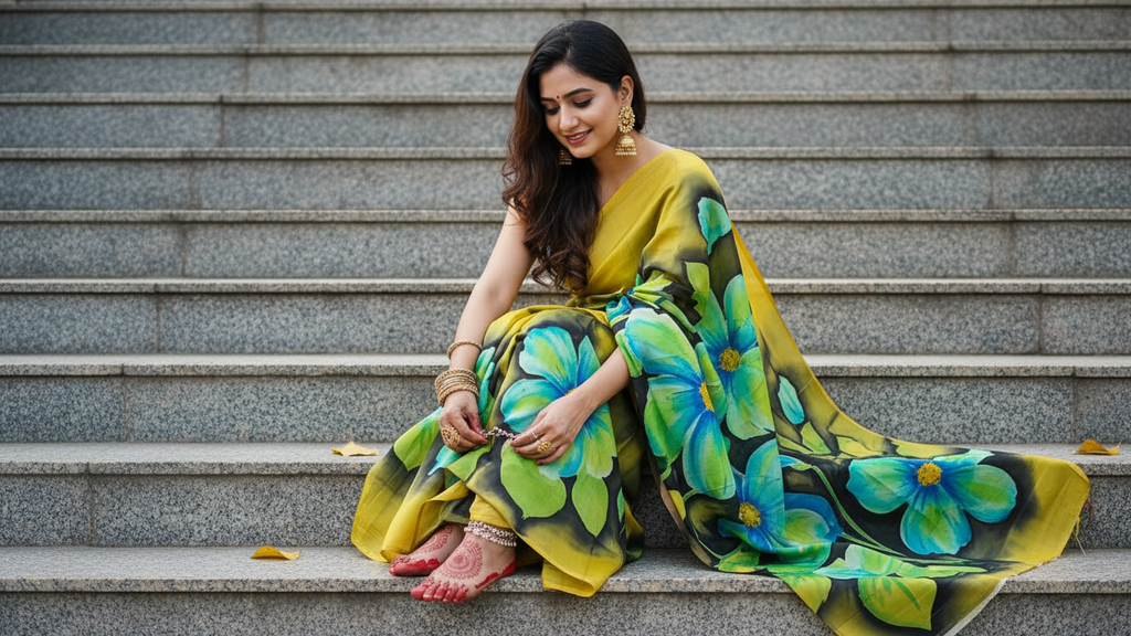 Hand-Painted Pure Silk Saree – Lime Yellow Base with Bold Blue Floral Art