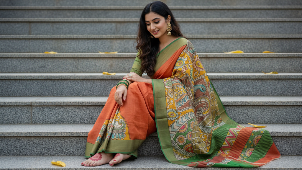 Elegant Gachi Tussar Hand-Painted Kalamkari Saree – Olive & Terracotta Heritage Weave