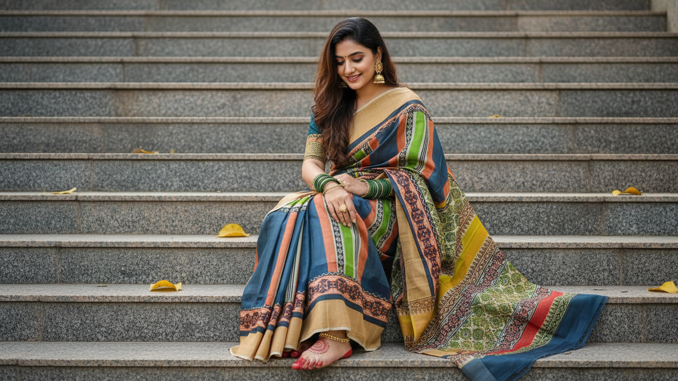 Charming Gachi Zari Tussar Silk Saree with Hand Block Print – Blue, Olive & Mustard