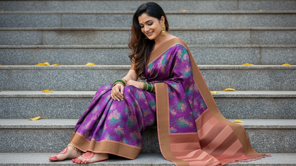 Graceful Bloom – Elegant Block Print Tussar Silk Saree
