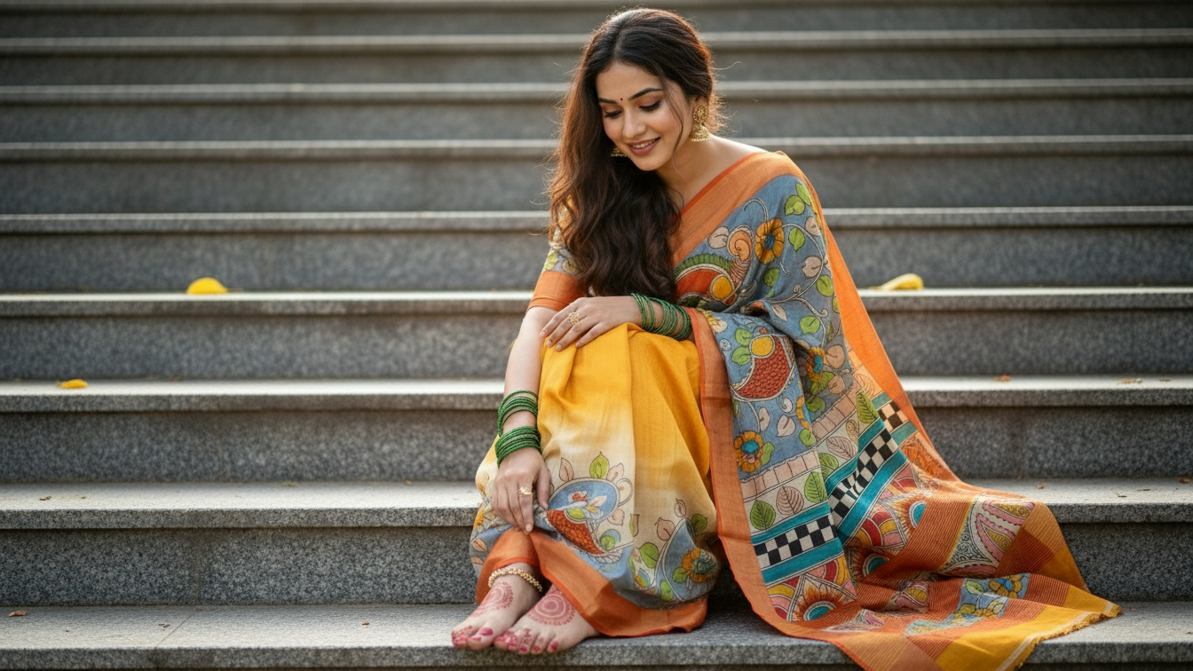 Elegant Gachi Tussar Hand-Painted Kalamkari Saree – Sunset Gold & Pastel Grey Traditional Edition