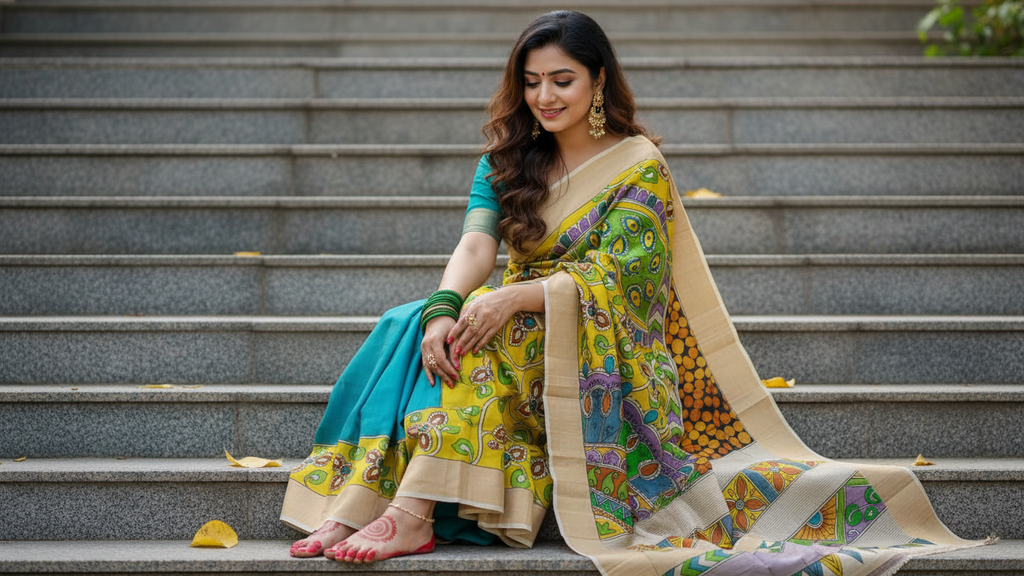 Elegant Gachi Tussar Hand-Painted Kalamkari Saree – Teal & Mustard Peacock Heritage Edition