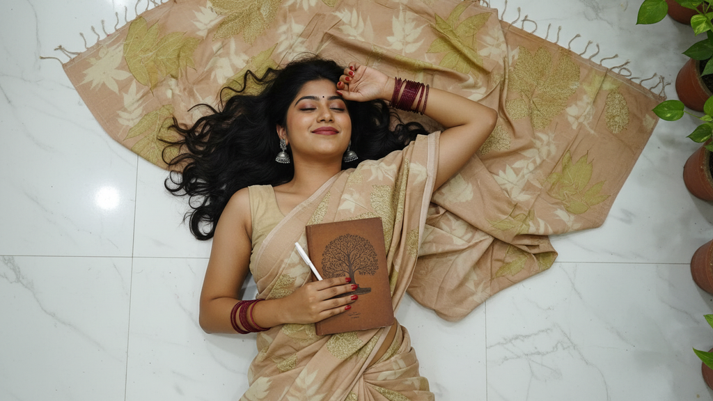 Golden Leaf Serenity – Handloom Organic Cotton Eco Print Saree with Blouse