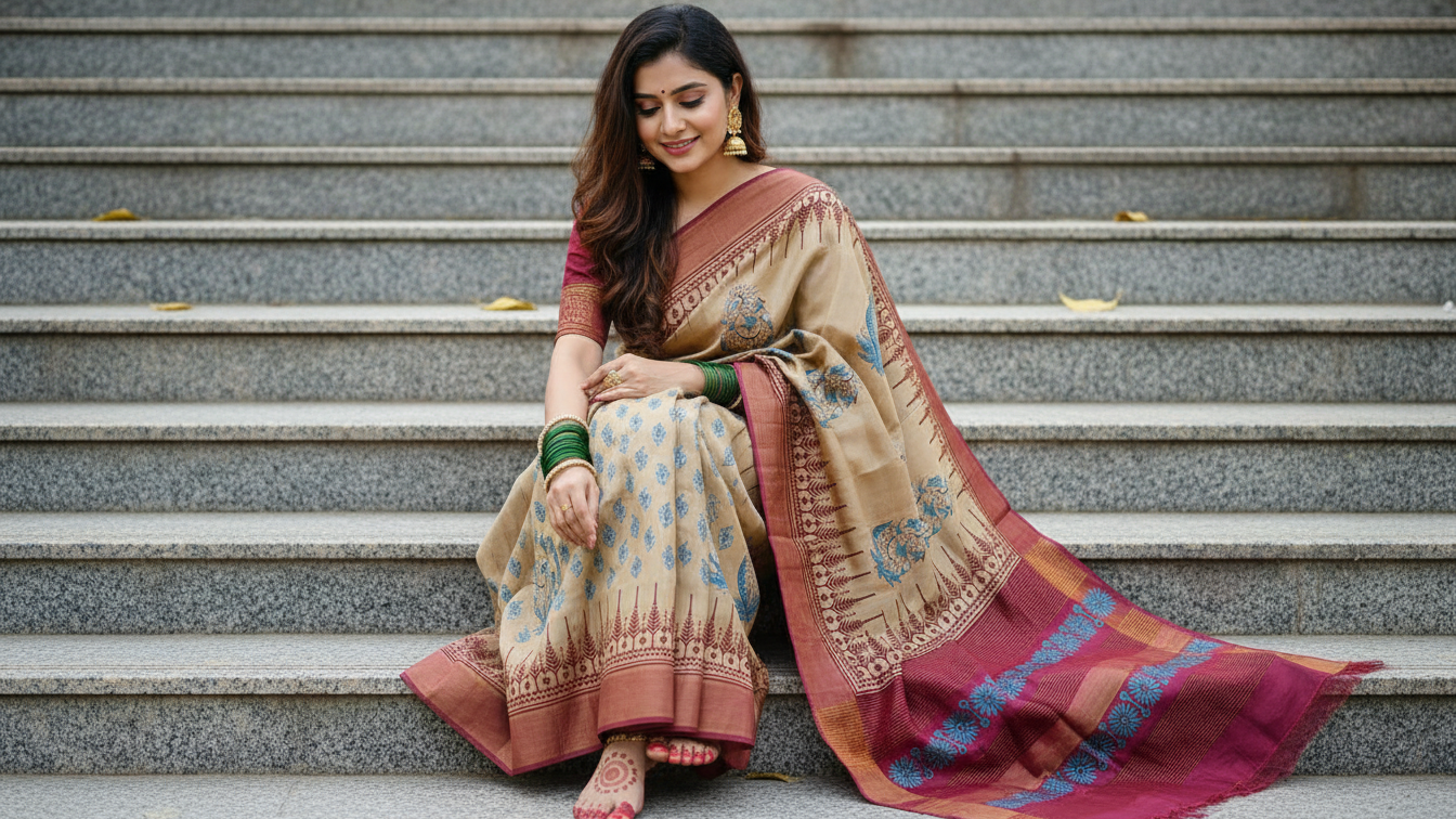 Handcrafted Gachi Tussar Hand-Block Saree – Earthy Beige & Deep Maroon Floral Heritage