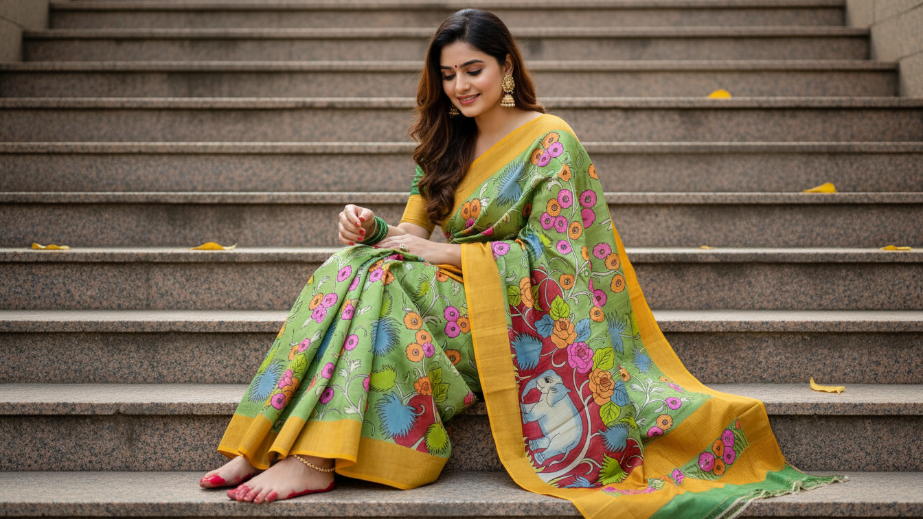 Elegant Gachi Tussar Hand-Painted Kalamkari Saree – Meadow Green & Mustard Lotus Heritage Edition