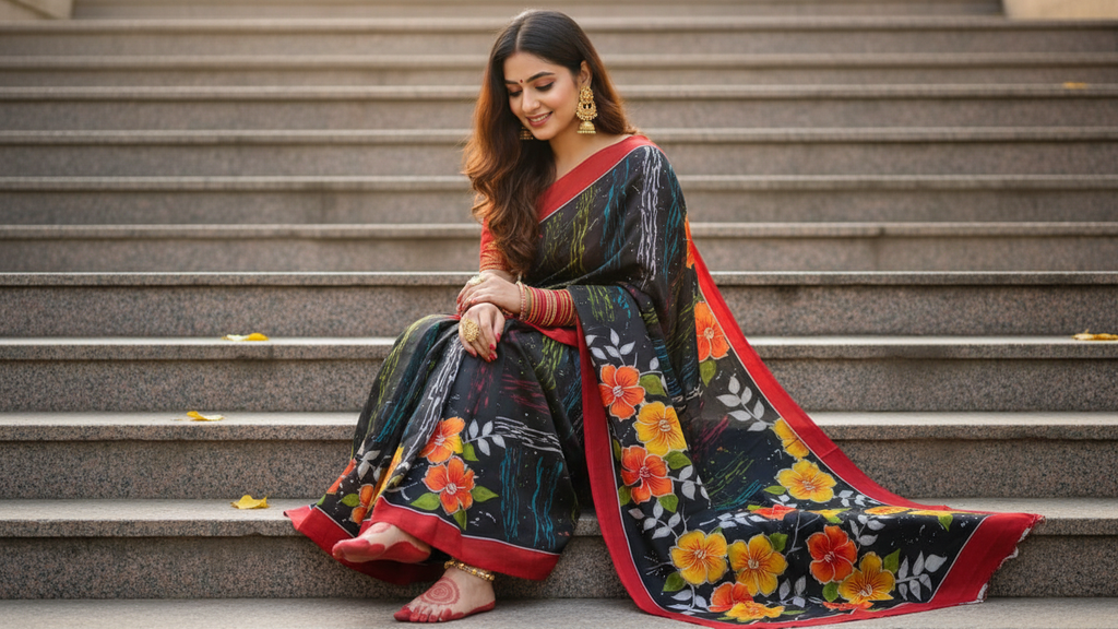 Hand-Painted Pure Silk Saree – Black Canvas with Vibrant Floral Art
